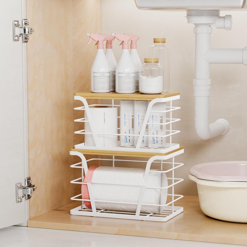 TIDIIABODE Store 2 Pack Stackable Laundry Room Organization and Storage, Laundry Room Decor and Accessories, Trash Bag Holder with Bamboo Top and Garbage Bag Dispenser, White - Image 5